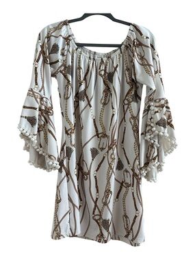 White Chain Pom Pom Bell Sleeve Tunic Dress M